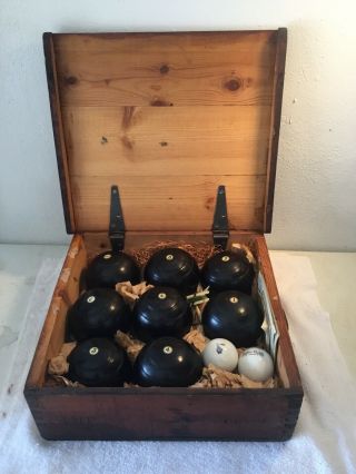 Antique Set Taylor Rolph 8 Lawn Plastic Bowls,  2 Jack Balls /w Wooden Box