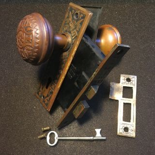 Antique Victorian Brass Sargent Eastlake Lockset With Skeleton Key 6