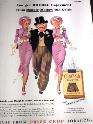 1936 Old Gold Cigarettes Ad Sign Pin Up Girl Art Petty Twin Red Heads