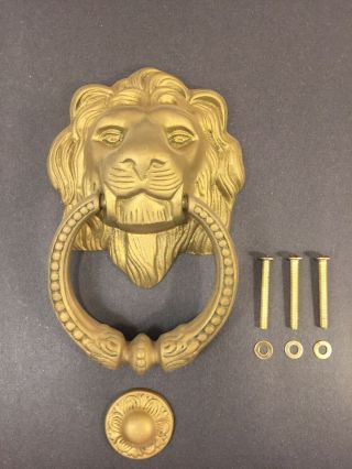 Large Vintage Ornate Solid Brass Heavy Lion Head Door Knocker W Plate & Screws