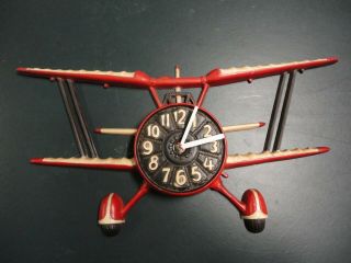 Vintage 1974 Sexton Biplane Cast Aluminum 2 Wing Airplane Battery Clock