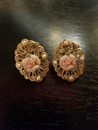 Vintage Porcelain Rose & Pearl Gold Tone Post Pierced Earrings