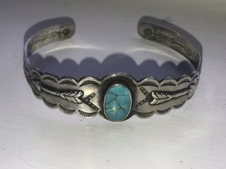 Antique Turquoise Sterling Silver Hand Chased Cuff Bracelet Arrows Indian