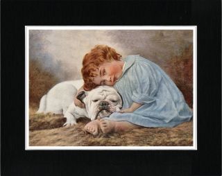 English Bulldog And Little Girl In Blue Dress Vintage Style Dog Art Print Matted
