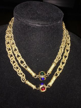 Vintage Gold Tone Metal Gripoix Glass Cabochon Chain Station Necklace