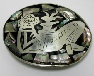 Vintage Mexico Handcrafted Abalone/silver Southwest Tribal Unisex Belt Buckle