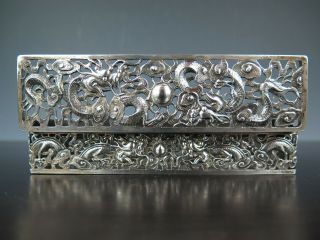 Antique Chinese Export Silver Box With Dragons - 19th C.  - Wang Hing Mark.