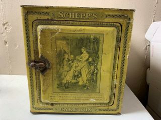 Antique French Victorian Cream Schepps Metal Lithograph Cake Bread Box Tin Vtg
