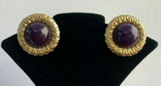 Vtg.  Givenchy Paris Ny Purple Lucite Stone W/ Gold Textured Frame Clip Earrings