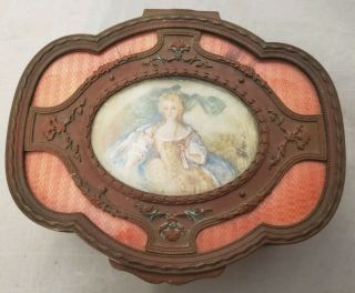 Antique French Bronze Guilloche Hand Painted Portrait Jewelry Trinket Box