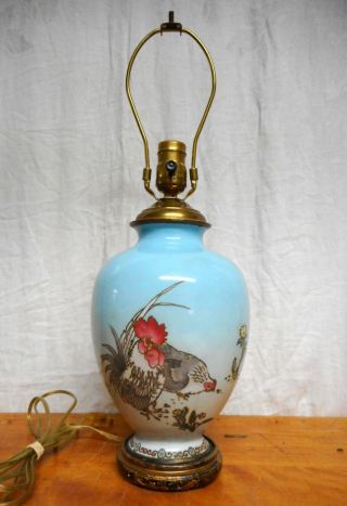 Antique Japanese Cloisonne Vase Lamp Base With Chickens