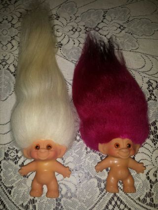 2 Dam 1960s Troll Doll C64 Pink White Hair Mohair Amber Eyes 2.  5 Gripper Clothes