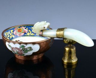 Fine Antique Chinese Jade Dragon Figural Belt Hook Canton Enamel Bronze Bowl