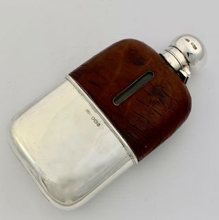 Antique Victorian Sterling Silver & Crocodile Leather Hip Flask & Cup - 1897
