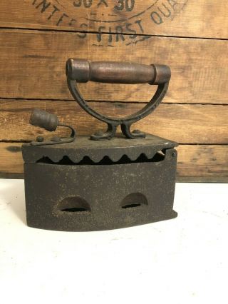 Vintage Cast Iron Coal Heated Clothes Iron Charcoal With Wooden Handles Antique