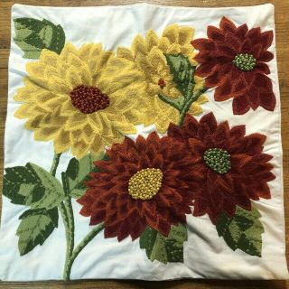 Pottery Barn Pillow Cover Embroidered Floral Mums/dahlias 20x20 Fall Vtg Crewel