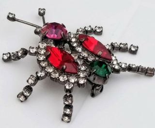 Vintage Japanned Red Green Clear Crystal Rhinestone Insect Bug Brooch Pin