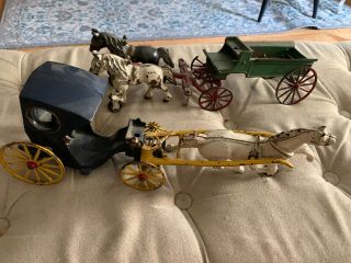 Vintage Cast Iron Horse Set Drawn Blue And Green Carriage With Passenger,  16 "