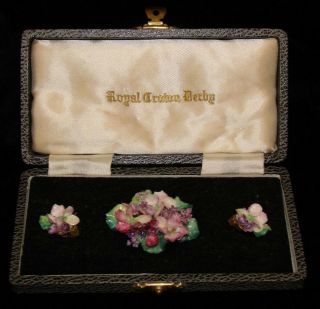 Vintage Royal Crown Derby Multi - Colored Flowers Brooch & Earrings Set With Case