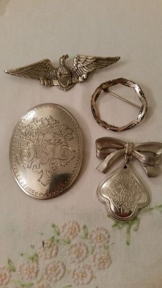4 Vintage Brooches,  2 Pewter,  Signed Kirk Stieff,  2 Beau Sterling,