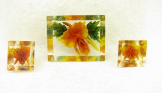 Vintage Reverse Carved Lucite Orange Flower Brooch Pin & Earrings Set