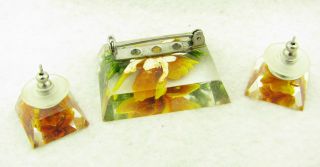 Vintage Reverse Carved Lucite Orange Flower Brooch Pin & Earrings Set 3