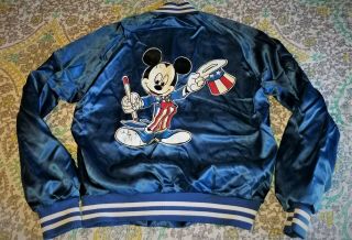 Vintage 80s Mickey Mouse Blue Satin Jacket Rare Uncle Sam Americana