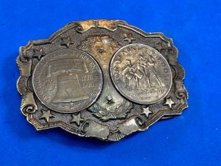 Vintage - Two Coin Centerpiece Belt Buckle - Liberty Bell And Freedom By Lewis
