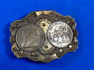 Vintage - Two coin centerpiece Belt Buckle - Liberty Bell and Freedom by Lewis 2