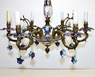 Vintage Antique Solid Brass & Porcelain Chandelier 6 Arm Lights Made In Spain
