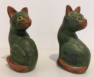 Vintage Green Cat Figurines Folk Art Wooden Hand Carved Set Of 2