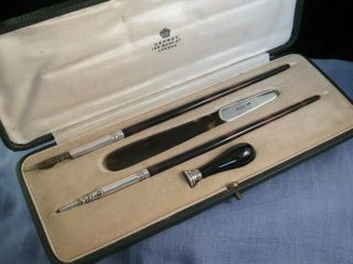 Asprey Antique Sterling Silver Dip Pen Pencil Letter Opener Seal Boxed Set