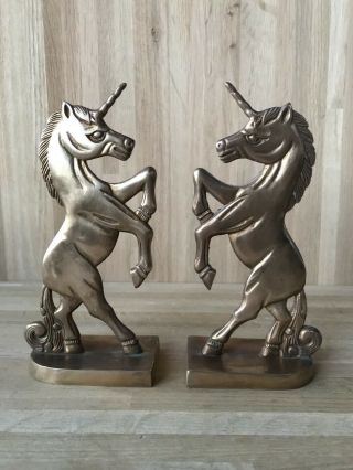 Vintage Brass Metal Unicorn Bookends Mid Century Pair Horse Decor