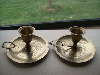 Vintage Solid Brass Candle Stick Holders Chamber Handles India Set Of 2