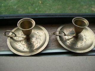 Vintage Solid Brass Candle Stick Holders Chamber Handles India Set of 2 3