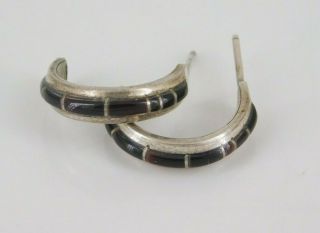 Vintage Southwestern Sterling Silver Onyx Hoop Earrings Signed