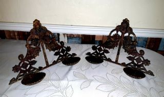 (2) Vintage Heavy Cast Iron Candle Holders Wall Sconces 9 - 1/2 " H X 15 " L X 6 " W