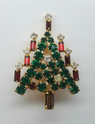 Vintage Rhinestone Christmas Tree Pin Brooch Brilliant Prong Set Stones Holiday