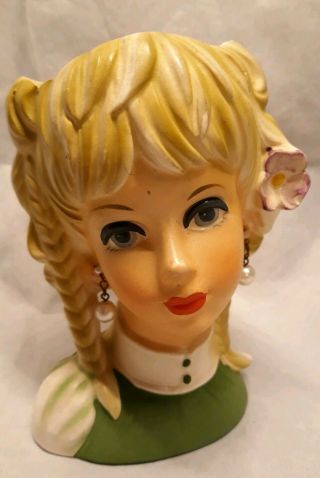 Vintage Rubens Ceramic 5 " Lady Head Vase Japan 4135 - Blonde " Pearl " Earrings