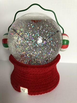 Vintage Snowman Snow Globe with Green Wire Handle Off On Switch Red Velvet Scarf 2