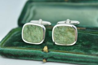 Vintage Sterling Silver Art Deco Cufflinks Green Marble Peaky Blinders G969