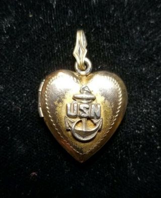Vintage Ww2 Us Navy 12k Gold Filled Over Sterling Locket Sweet Heart Pendant Usn