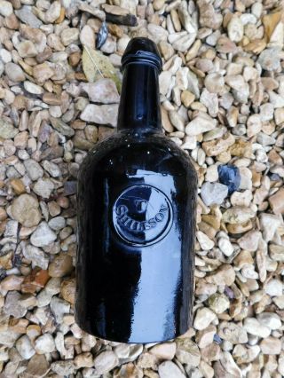 Antique Black Glass Wine Bottle - T.  Shillson