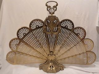 Vintage Antique Ornate Brass Cameo Peacock Fireplace Folding Fan Screen Art Deco