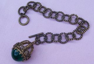 Vintage Art Deco Antique Brass Watch Chain Emerald Green Charm Seal Fob Bracelet