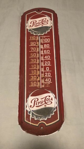 Vintage Pepsi Cola Thermometer Metal Sign 27 " X 8 " (complete) Good