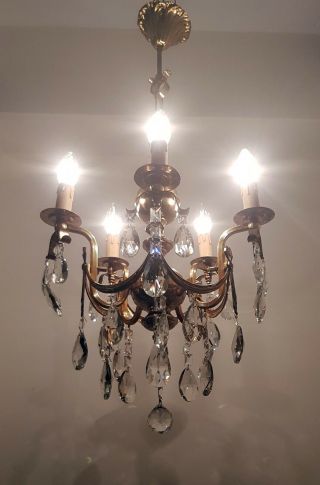 Antique / Vintage 5 Arms Brass & Crystals Chandelier Ceiling Light Lighting 50 