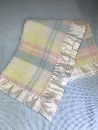 Chatham Baby Blanket Plaid Thermal Pastel Acrylic Satin Trim Waffle Weave Vtg 3