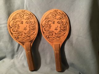 Antique Ping Pong Paddles Wood Burned Ladies 12 " X 5 - 3/4”w