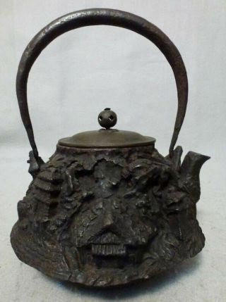 Antique Japanese Cast Iron Tetsubin In High Relief,  Teapot